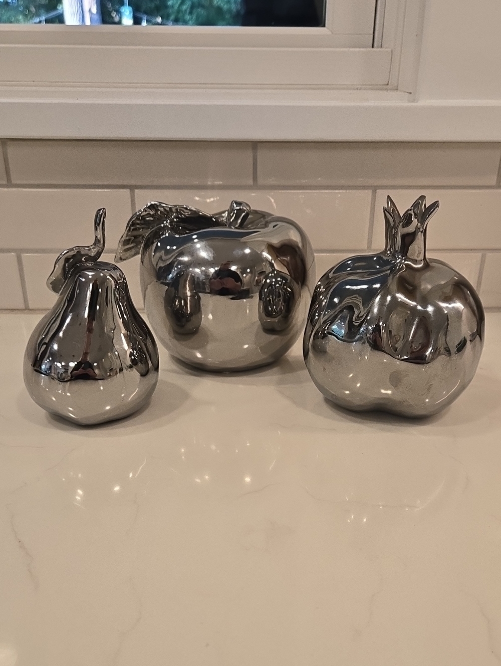 Polished Silver Ceramic Fruit Accent Trio - Apple, Pear, Pomegranate